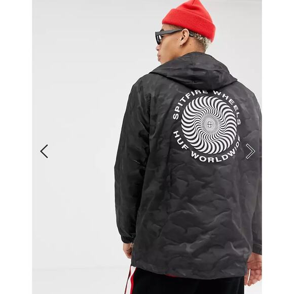 HUF x Spitfire Overhead Windbreaker Mens Size S Back Print Black Jacket Racing - Picture 1 of 16